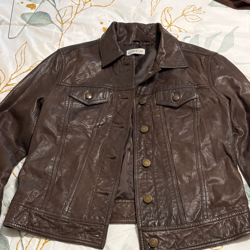 Brown Leather Button-Front Jacket